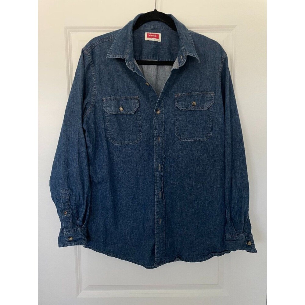 Wrangler Denim Western Shirt Men M Blue Ranch Workwear Pearl Snap Style